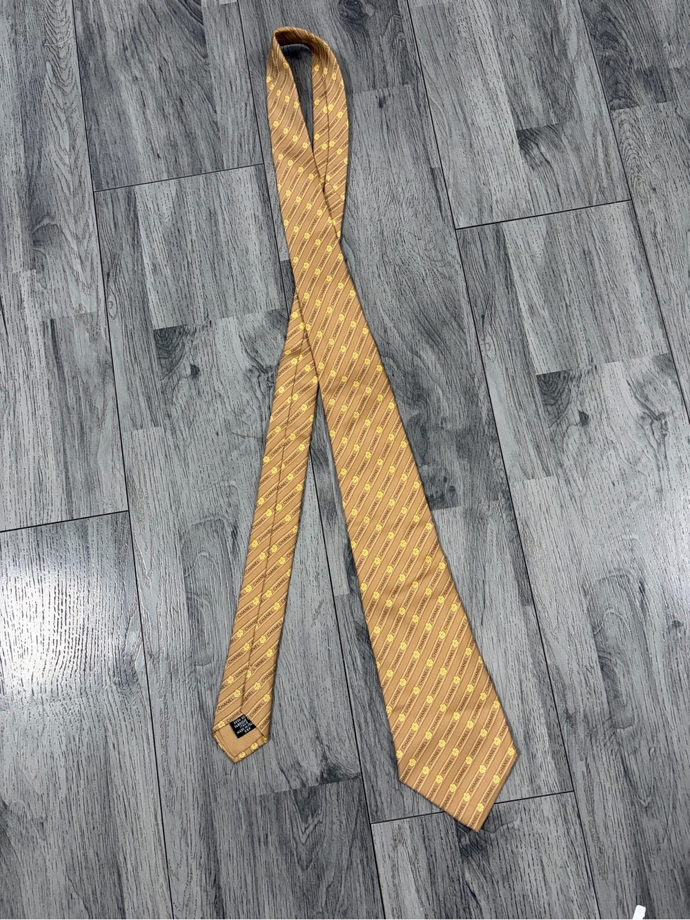 CHANEL Camelia Yellow Gold Diagonal Logo Stripe Silk Tie